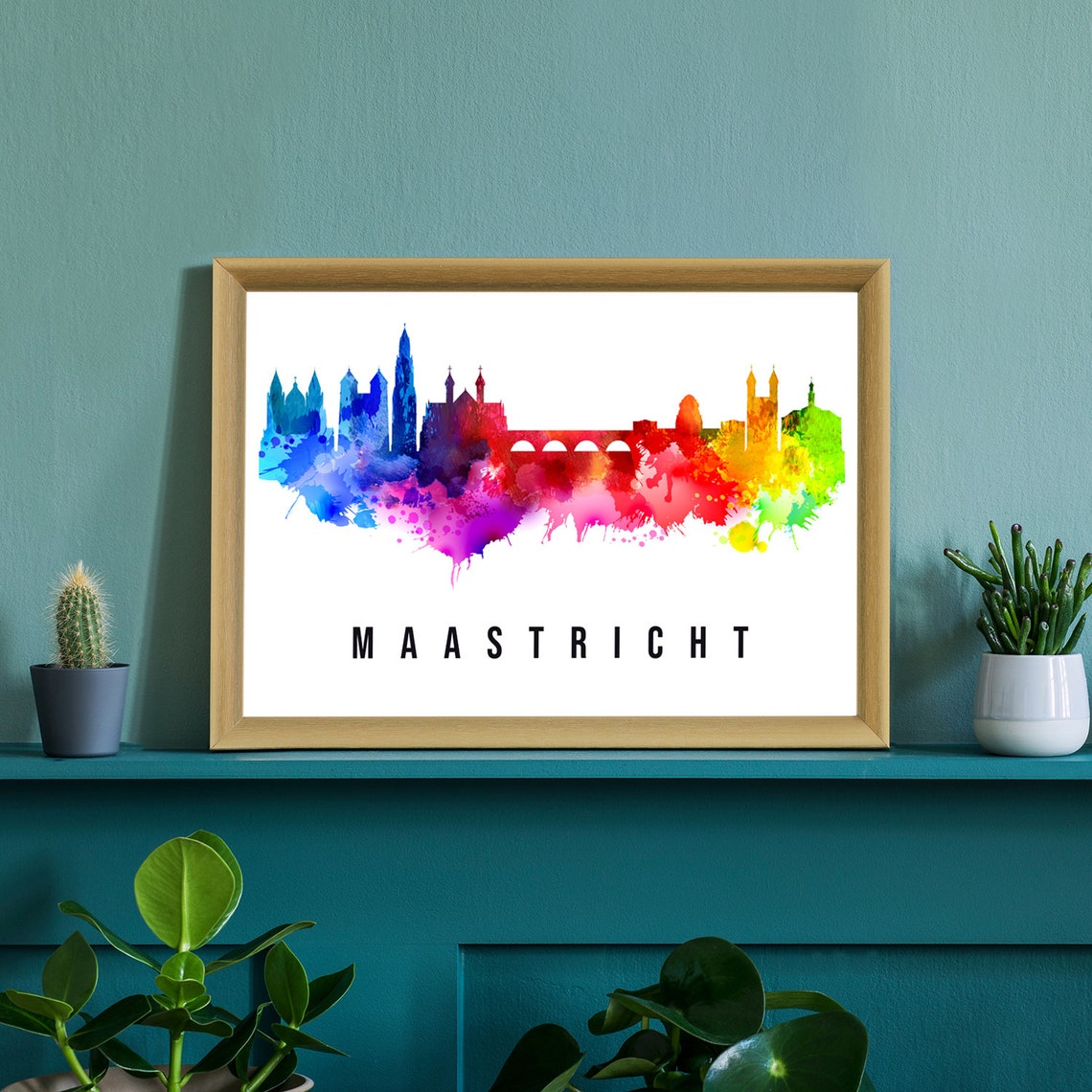 Maastricht Netherlands Rainbow Watercolor Skyline Bridge Towers Art - Image 2