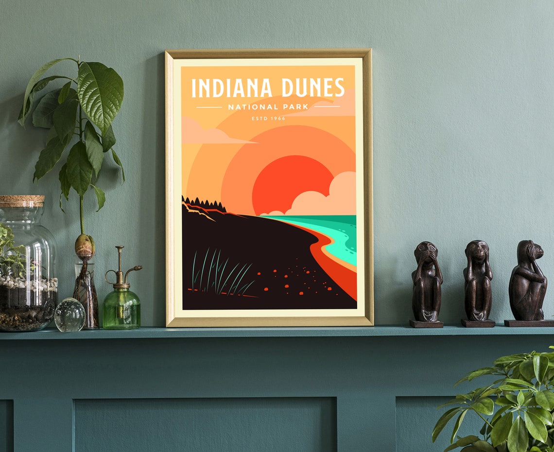 Indiana Dunes National Park Retro Sunset Beach Travel Poster - Image 3