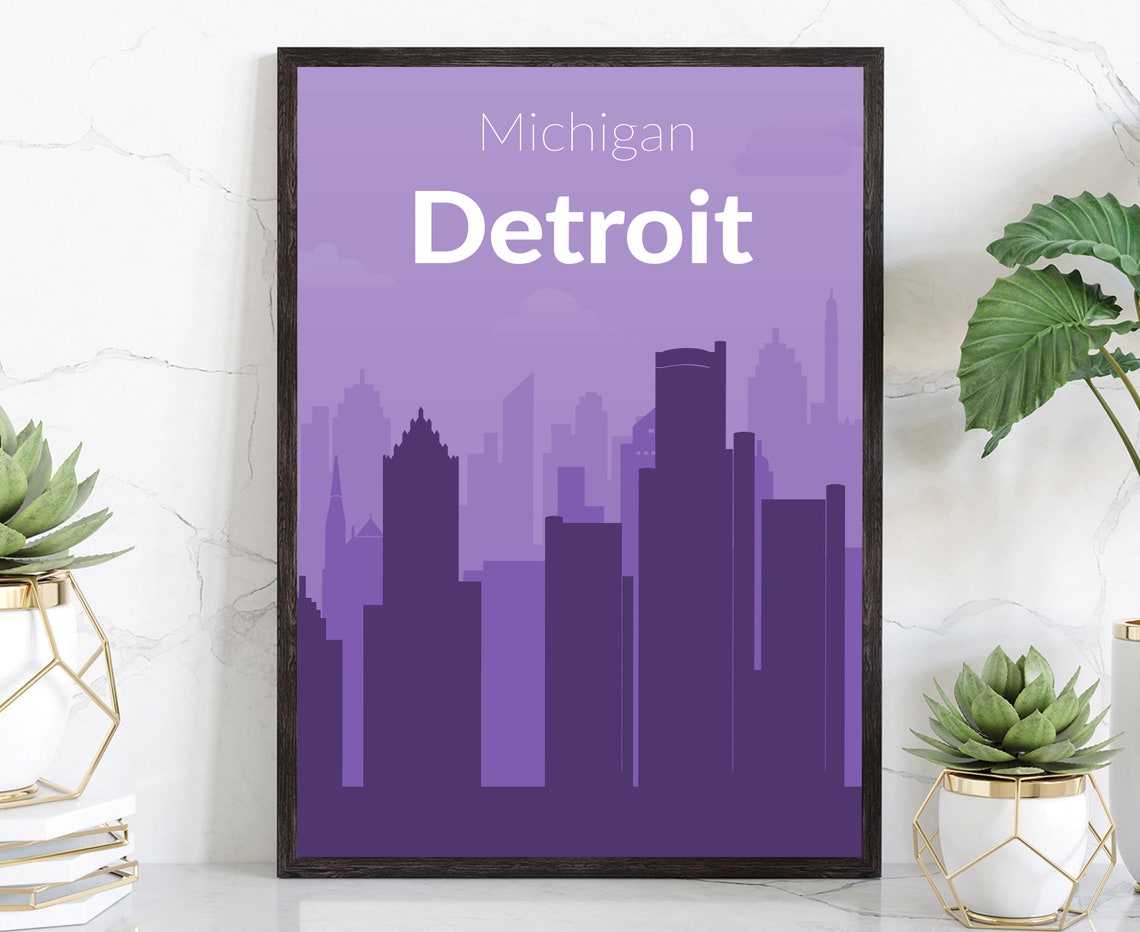 Detroit Michigan Purple Solid Color Modern Skyline Travel Poster