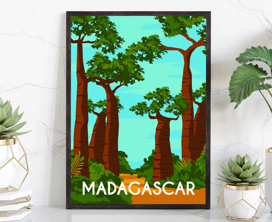 Madagascar Baobab Trees Avenue Turquoise Sky Tropical Travel Poster