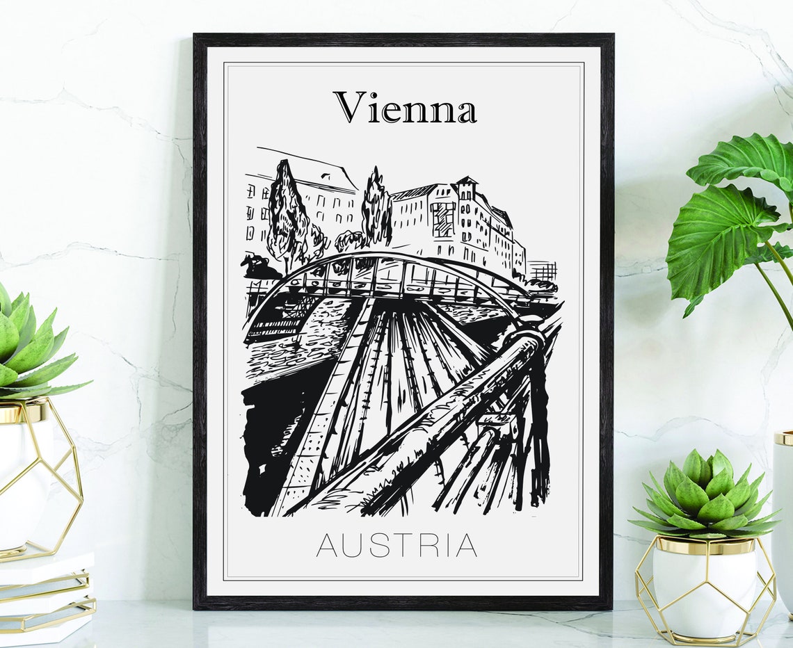Vienna Austria Arched Canal Bridge Hand Drawn Line Art Travel Poster