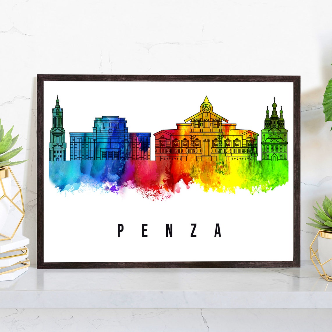Penza Russia Rainbow Watercolor Skyline Theater Churches Poster