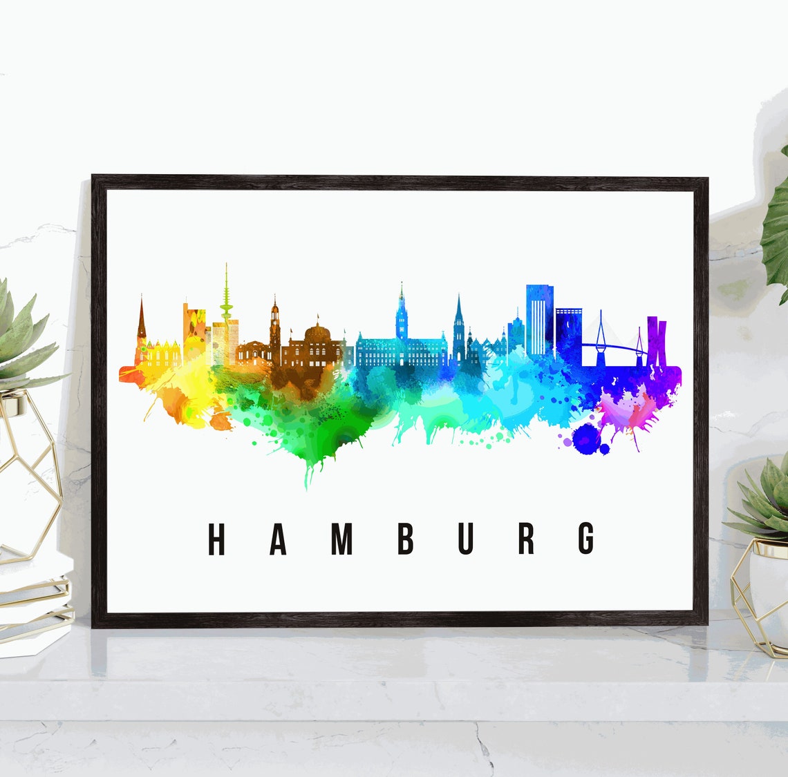 Hamburg Germany Rainbow Watercolor Skyline Cityscape Travel Poster