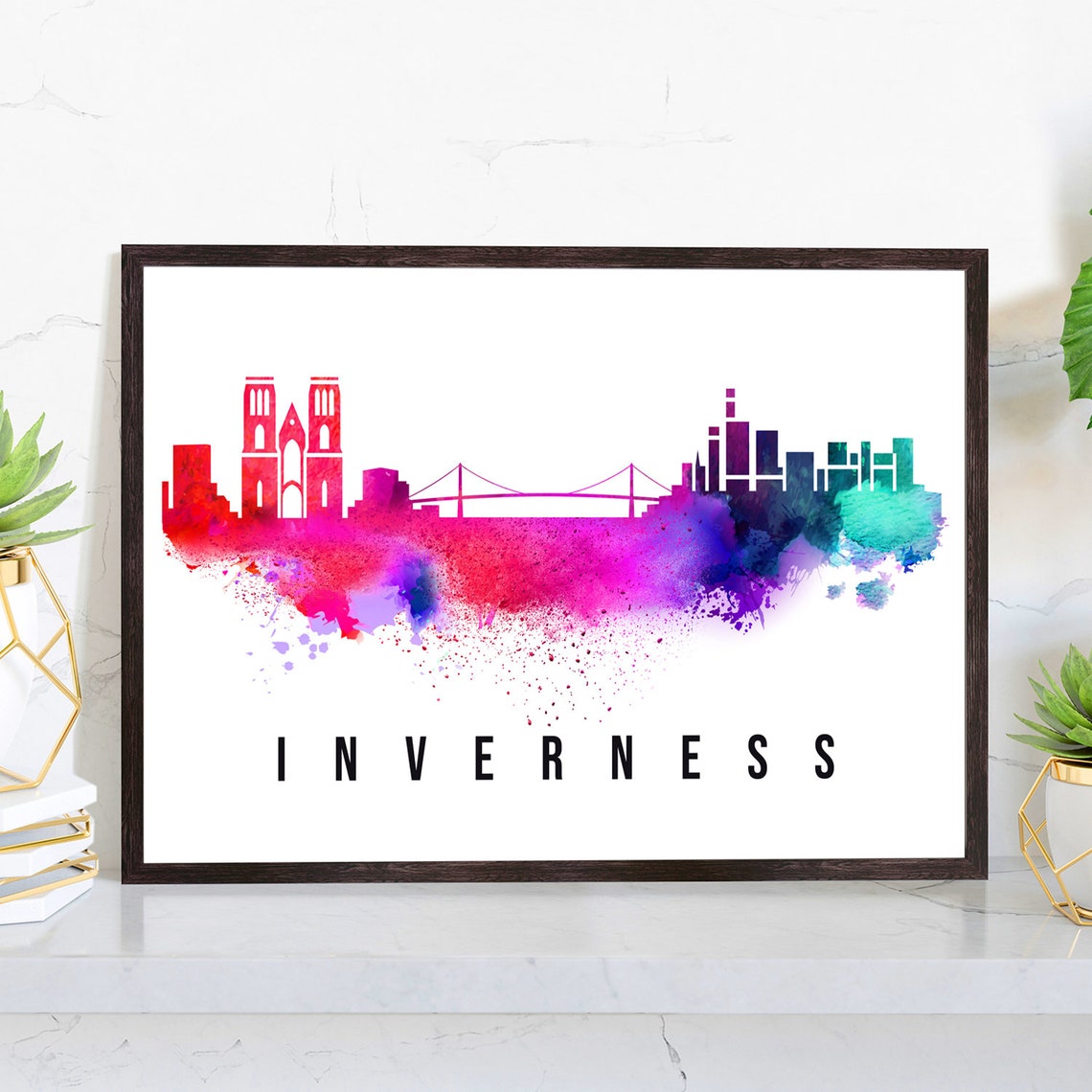 Inverness Scotland Watercolor Skyline Kessock Bridge Riverside Poster