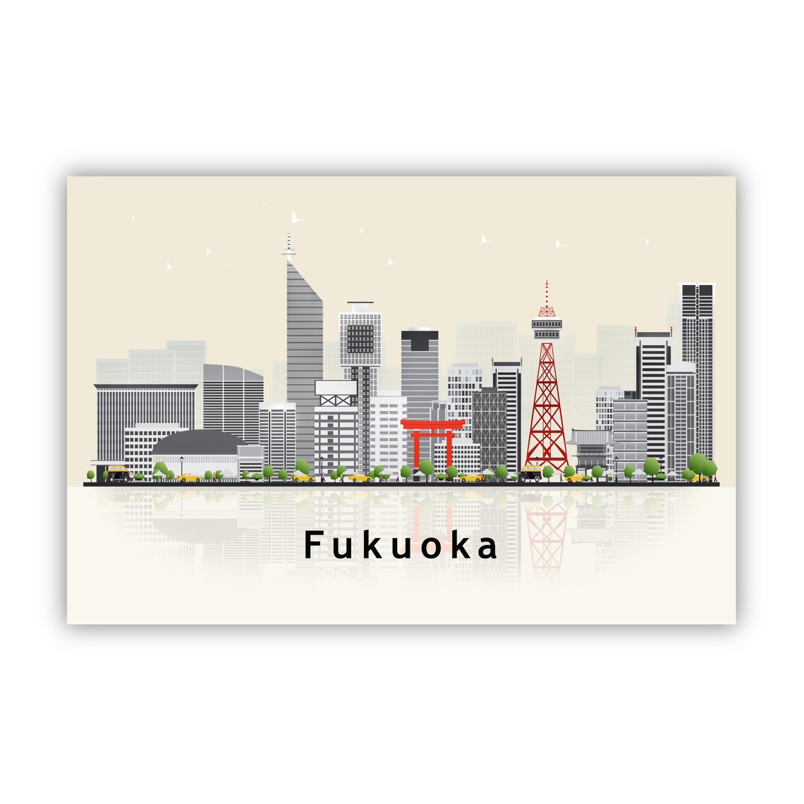 Fukuoka Japan Illustration Skyline Poster Modern Skyline Cityscape Poster Japan Fukuoka City Skyline Landmark Map Poster Home Wall Art - Image 2