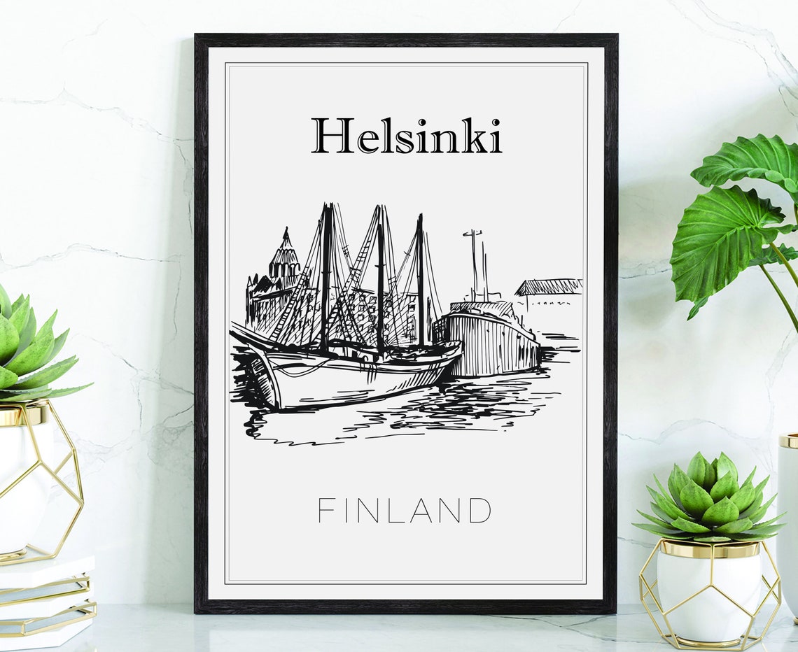 Helsinki Finland Harbor Tall Ships Hand Drawn Ink Sketch Poster
