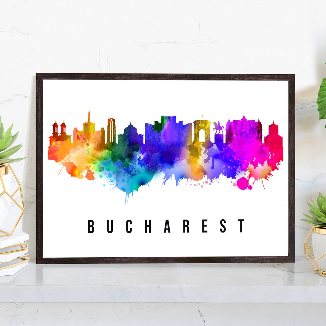 Bucharest Romania Rainbow Watercolor Skyline Domes Arch Poster