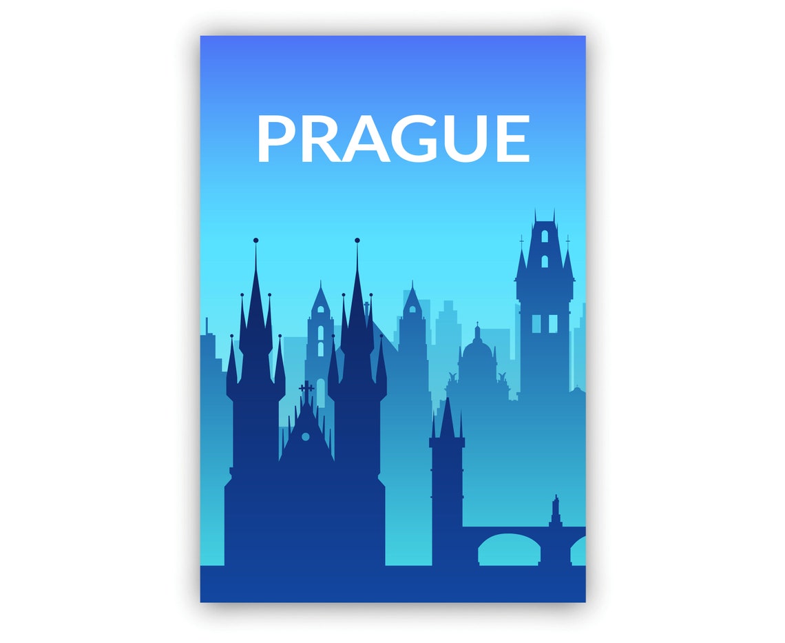 Prague Czech Republic Blue Gradient Modern Solid Color Skyline Poster - Image 2