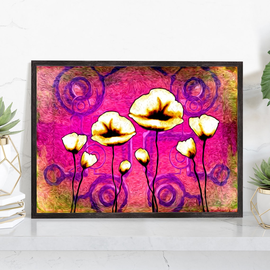 White Poppies Magenta Swirl Background Modern Floral Wall Art