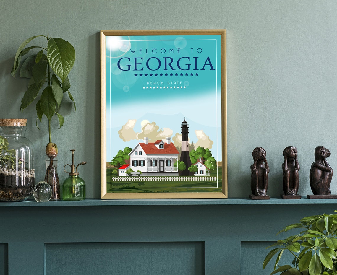 Georgia Peach State Lighthouse Retro Welcome Travel Poster Home Decor - Image 3