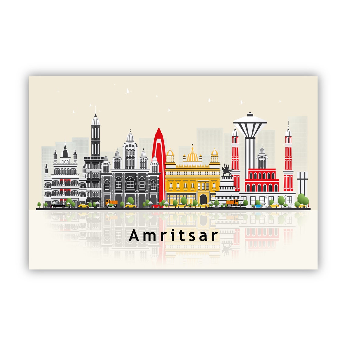 Amritsar India Golden Temple Skyline Illustration Travel Poster - Image 2