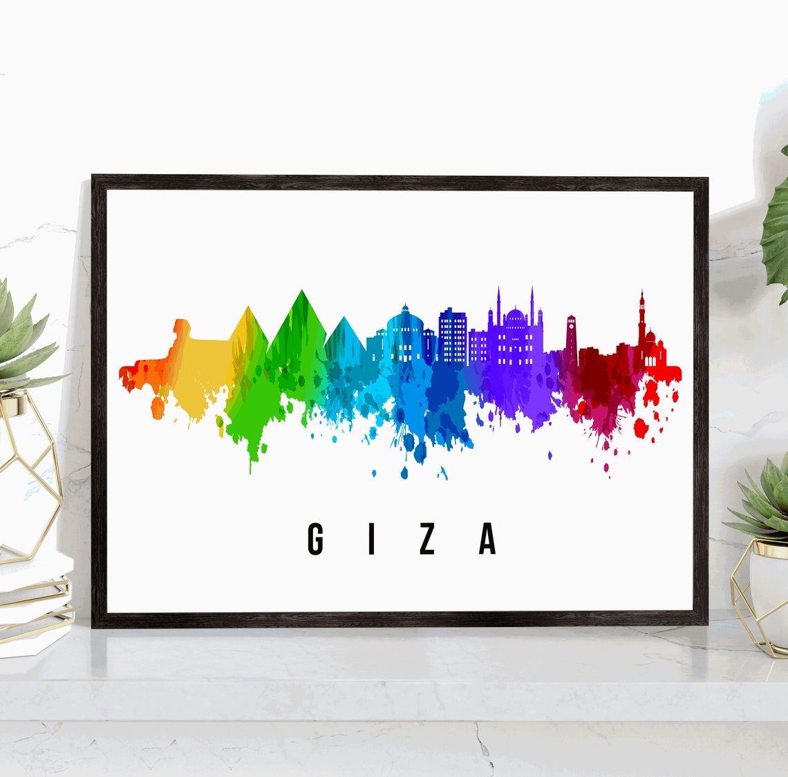 Giza Egypt Pyramids Sphinx Rainbow Watercolor Skyline Travel Poster