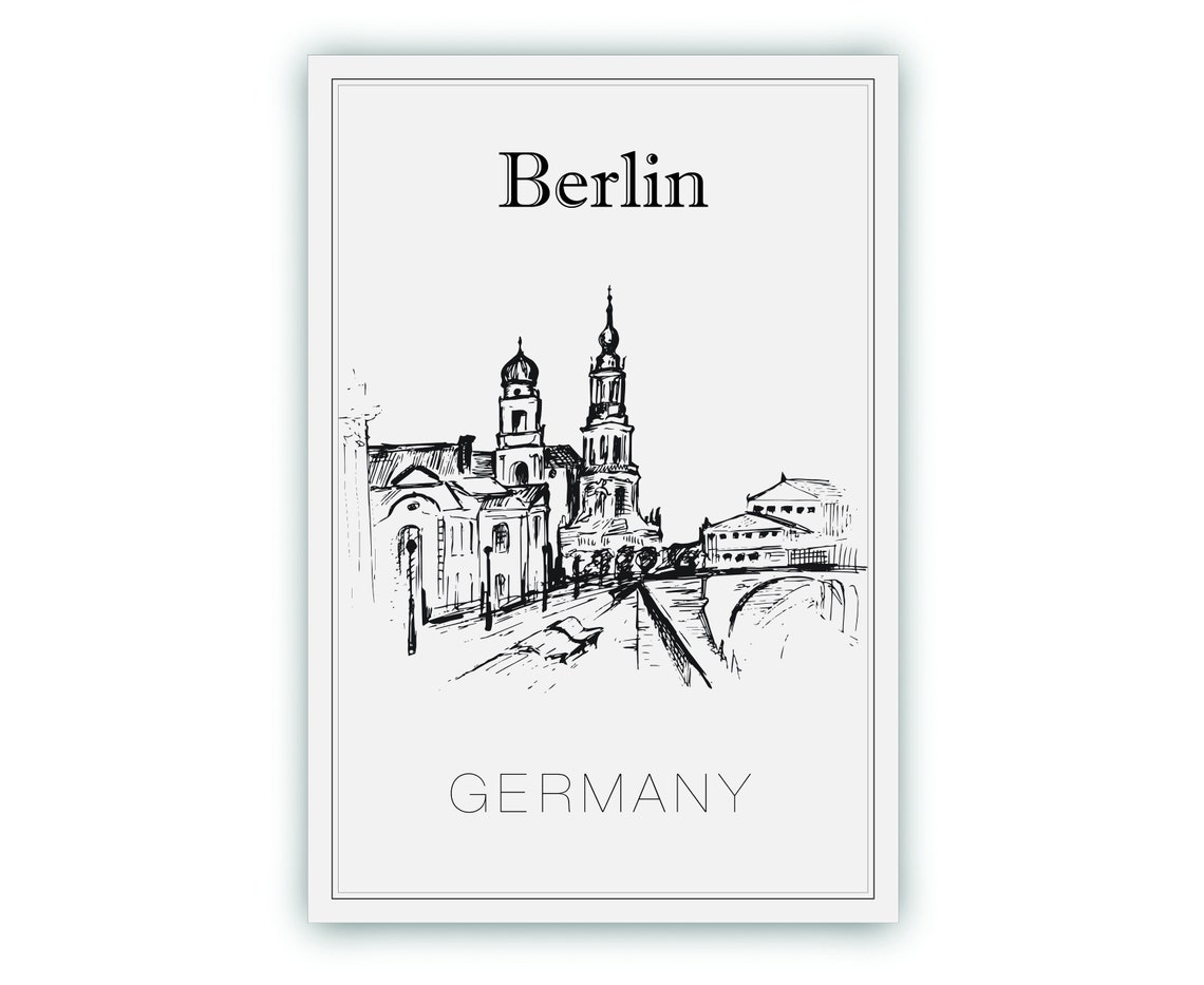 Berlin Germany Historic Square Twin Domed Churches Sketch Poster - Image 2