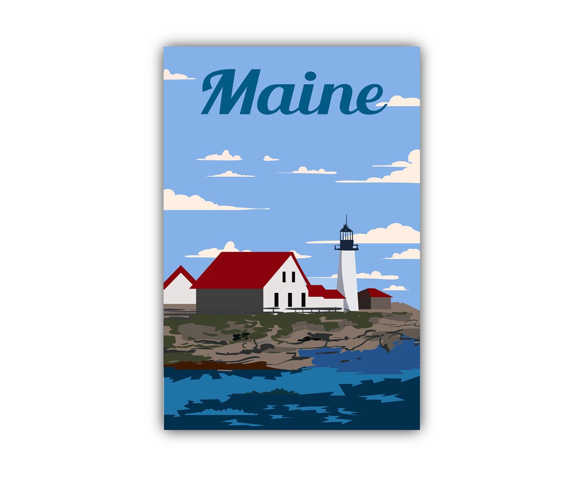 Maine Lighthouse Red Roof Rocky Coast Retro Seaside Travel Poster - Image 2