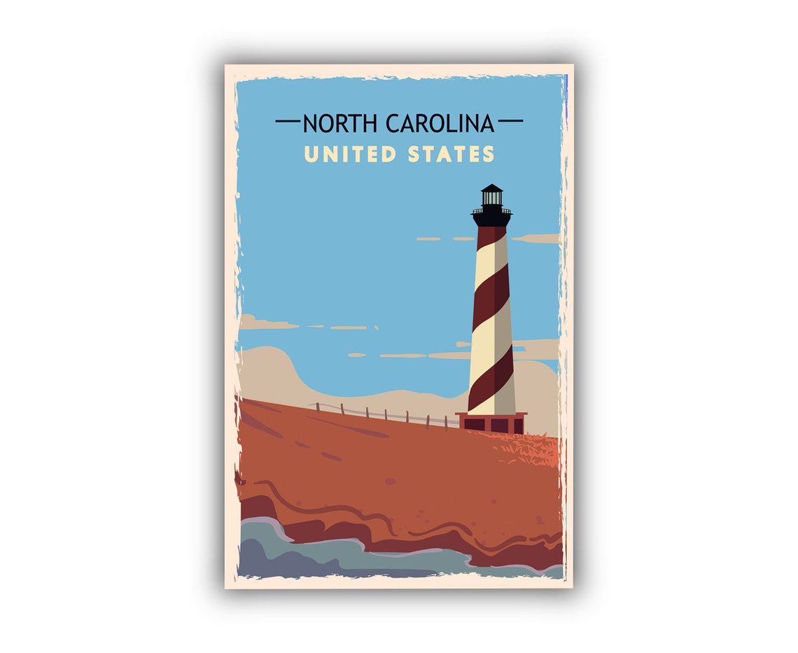 North Carolina Spiral Striped Lighthouse Retro Vintage Travel Poster - Image 2