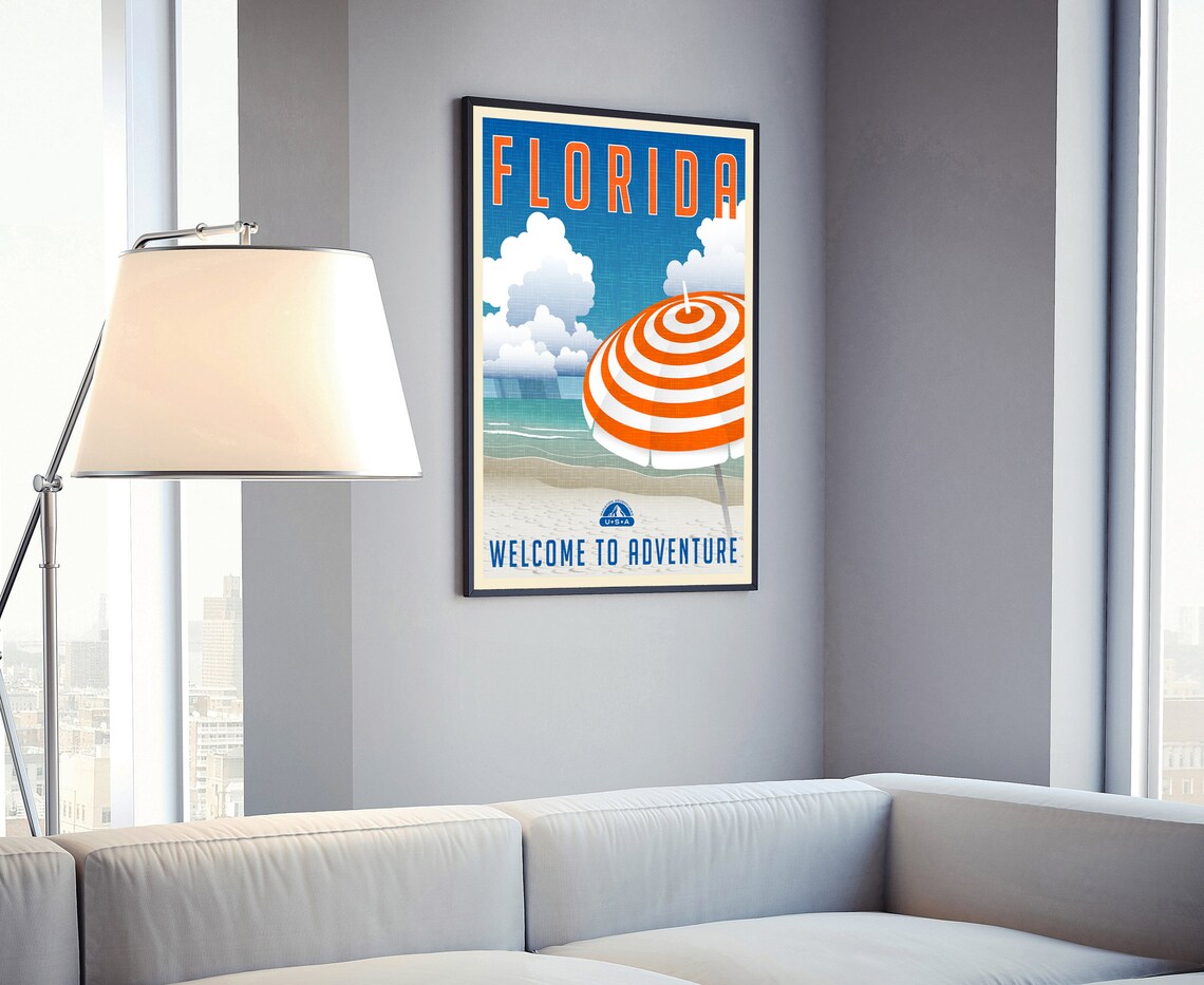 Florida Beach Striped Umbrella Vintage Retro Ocean Travel Poster - Image 4