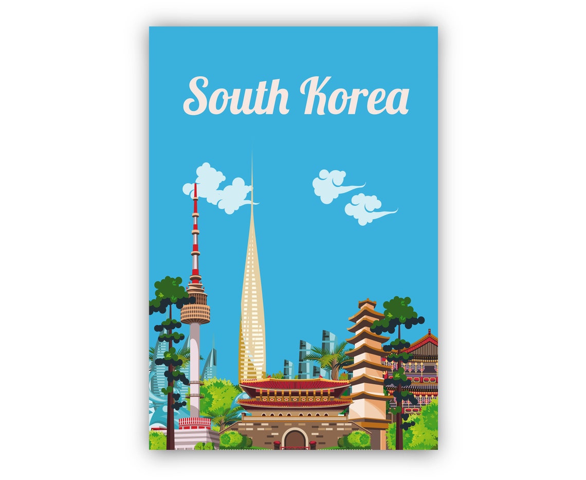 South Korea Travel Poster Seoul Tower Palaces Flat Illustration Art - Image 2