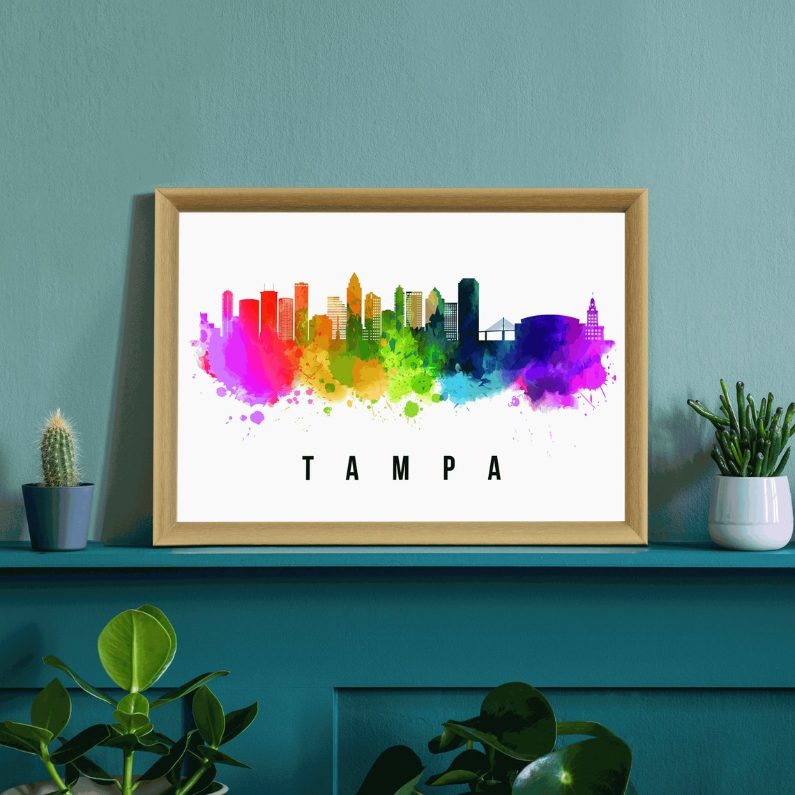 Tampa Florida Rainbow Watercolor Skyline Cityscape Art Poster - Image 2