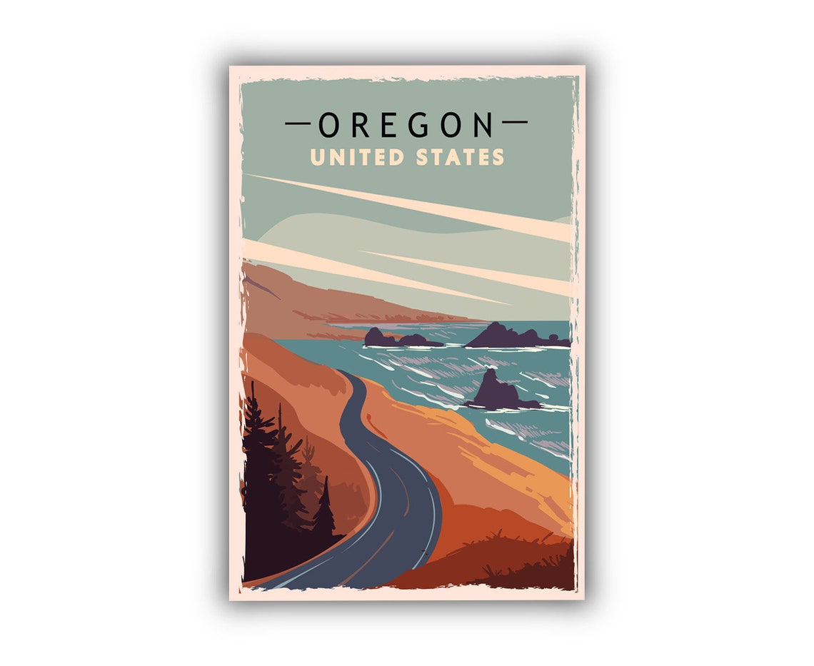 Oregon Coast Cliff Highway Retro Vintage Style Travel Poster - Image 2