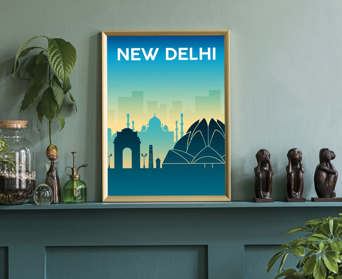 New Delhi India Gate Lotus Temple Blue Gradient Travel Poster - Image 3