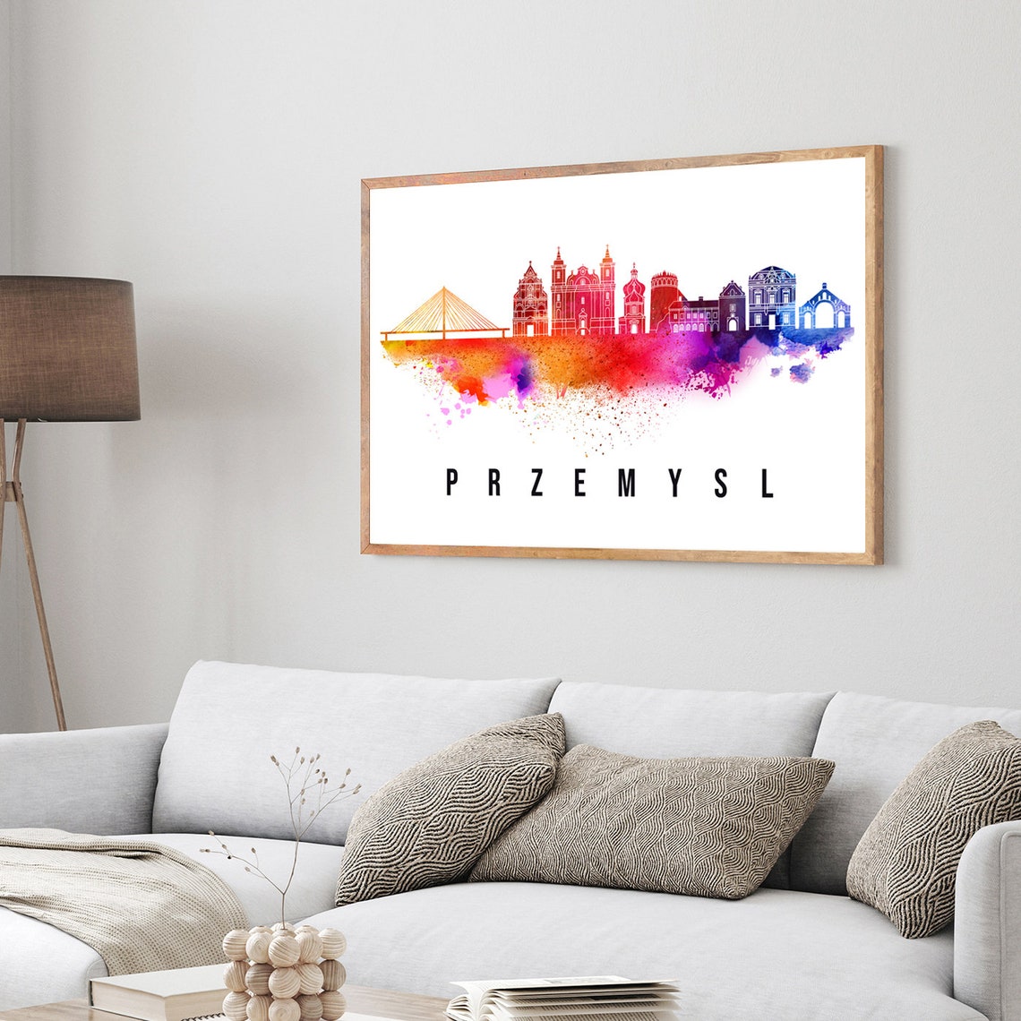 Przemysl Poland Cable Bridge Churches Watercolor Skyline Poster - Image 3