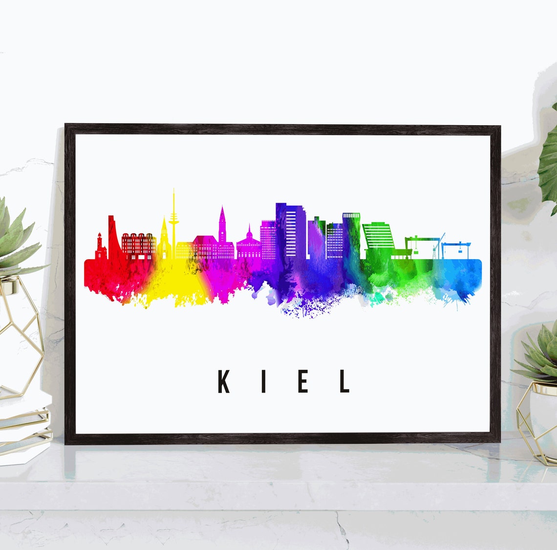 Kiel Germany Rainbow Watercolor City Skyline Silhouette Art Poster