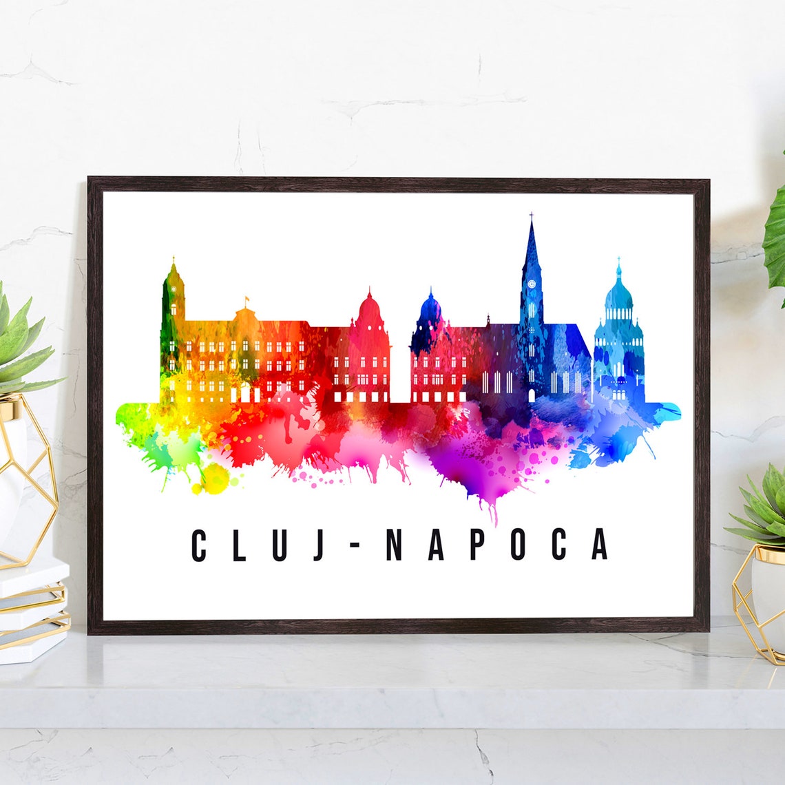 Cluj Napoca Romania Rainbow Watercolor Skyline Historic Poster