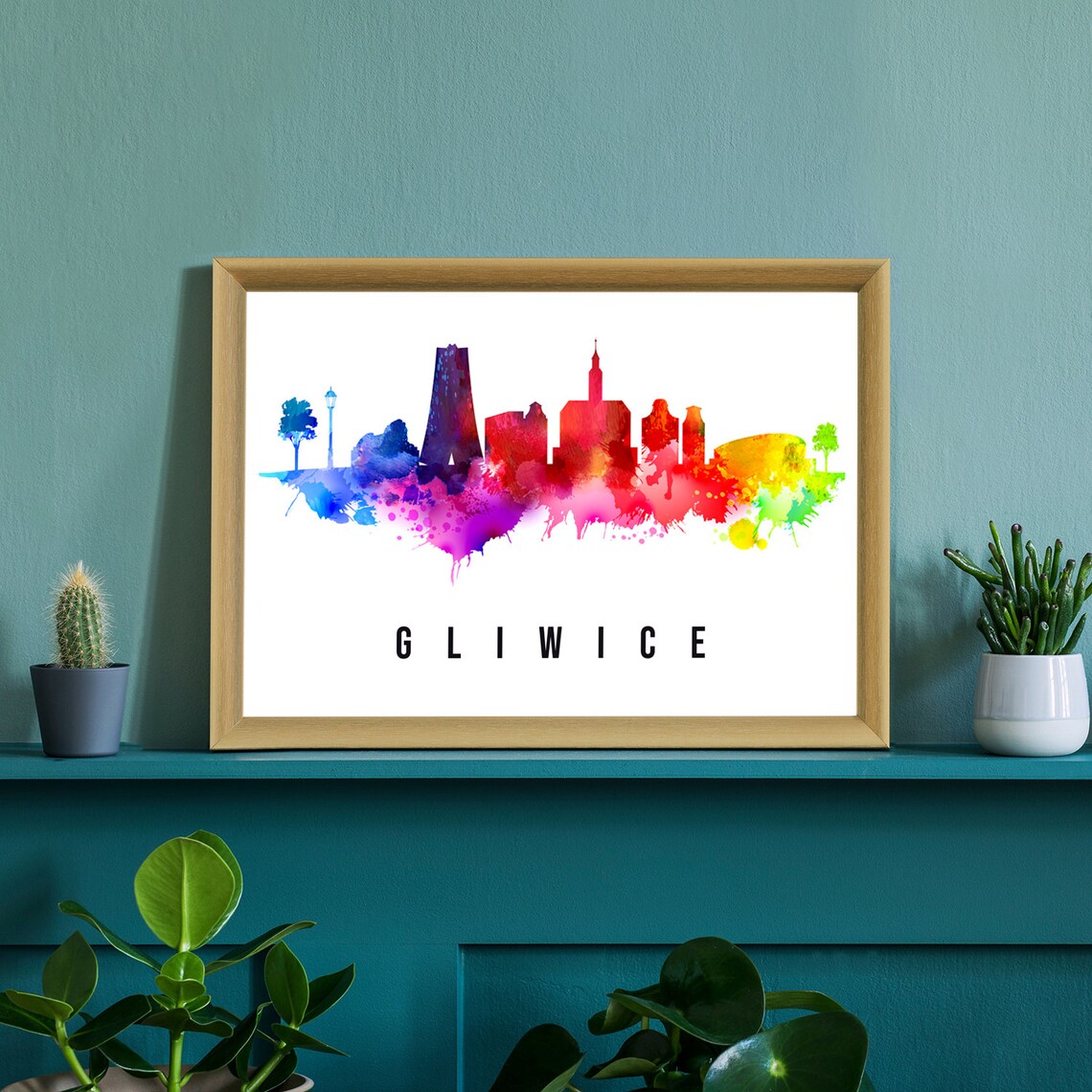 Gliwice Poland Town Skyline Rainbow Watercolor Landmark Poster - Image 2
