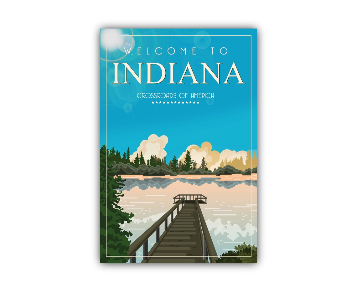 Indiana Crossroads Of America Retro Lake Dock Sunset Travel Poster - Image 2