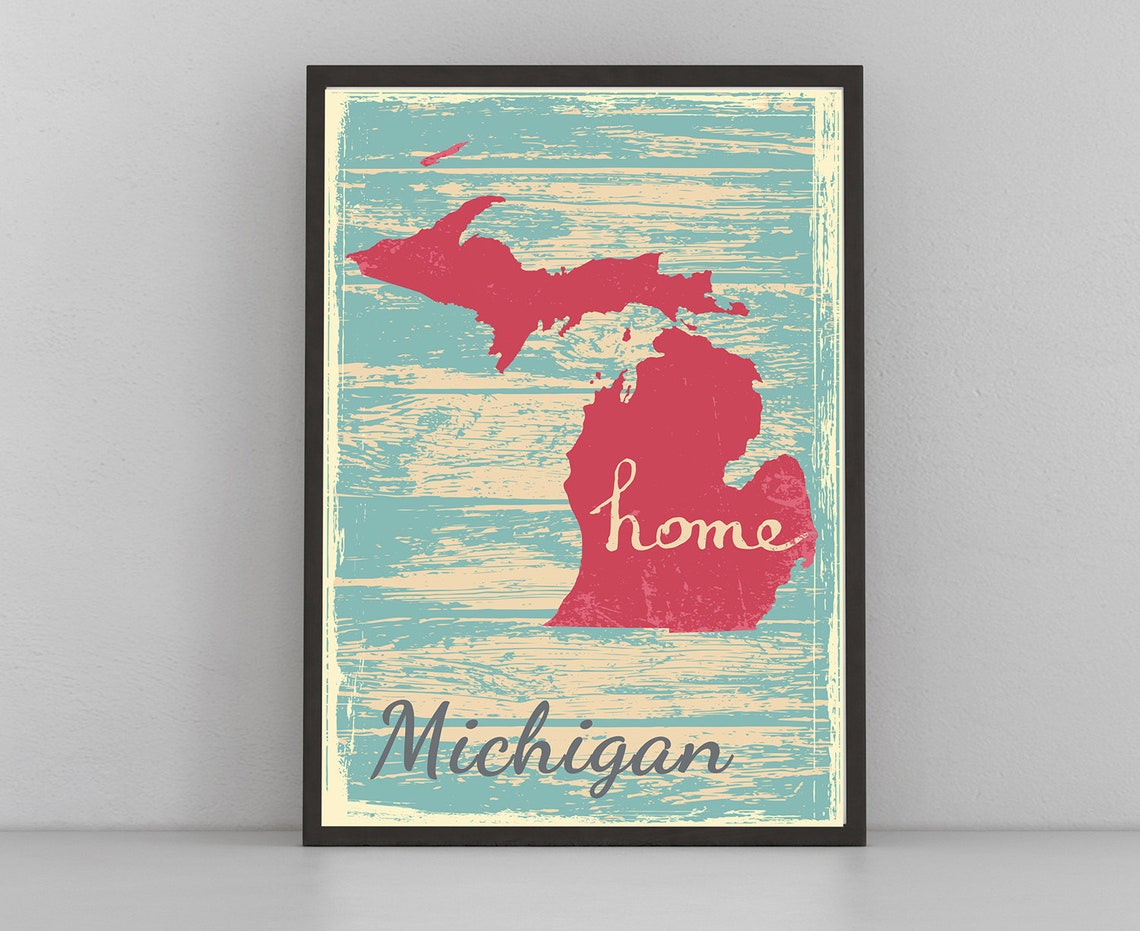 Michigan Home State Map Retro Distressed Wood Vintage Travel Poster