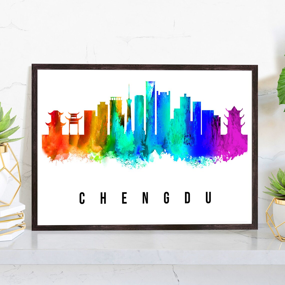 Chengdu China Rainbow Watercolor Skyline Pagodas Towers Wall Art