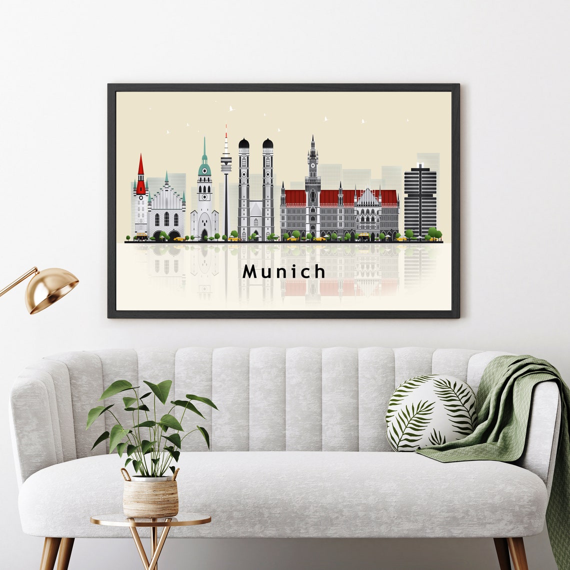 Munich Germany Cream Skyline Illustration Landmarks Reflection Poster - Image 2