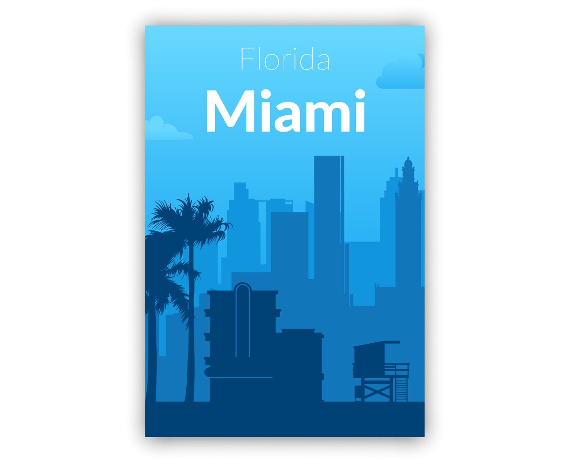 Miami Florida Solid Blue Skyline Palm Trees Minimalist Travel Poster - Image 2