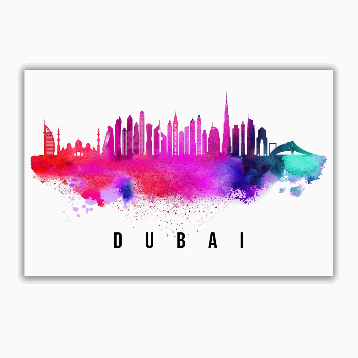 Dubai UAE Burj Khalifa Watercolor Splash Skyline Travel Poster - Image 2