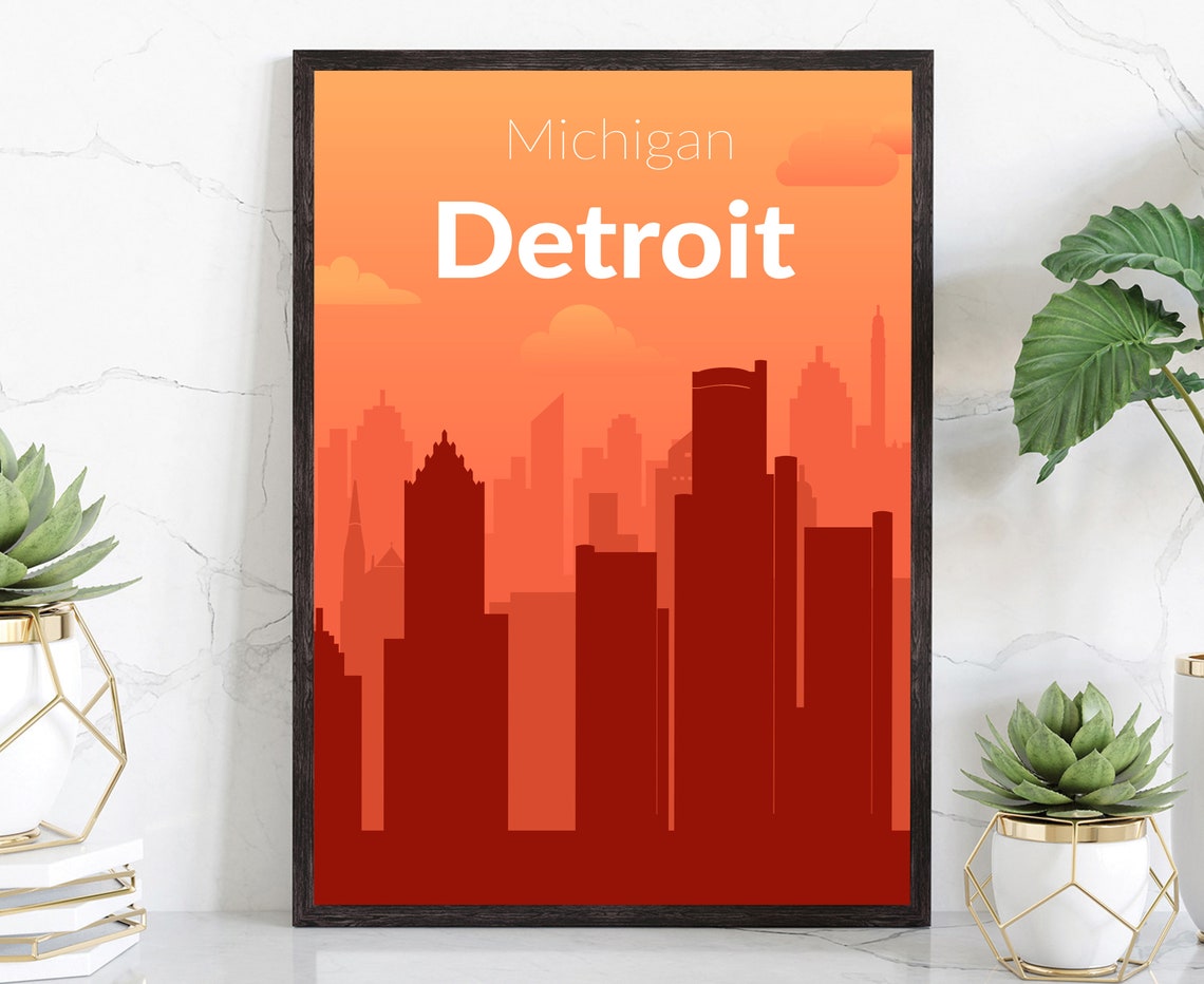Detroit Michigan Orange Sunset Skyline Gradient Minimalist City Poster