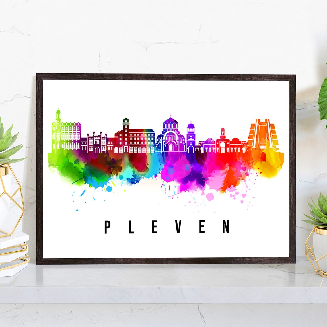 Pleven Bulgaria Watercolor Skyline Rainbow Landmark Travel Wall Poster