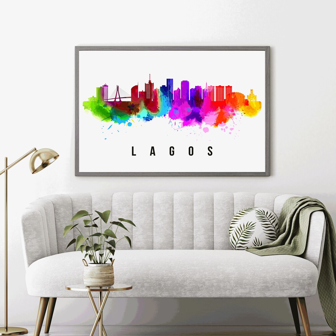 Lagos Nigeria Rainbow Watercolor Splash Skyline City Travel Poster - Image 2
