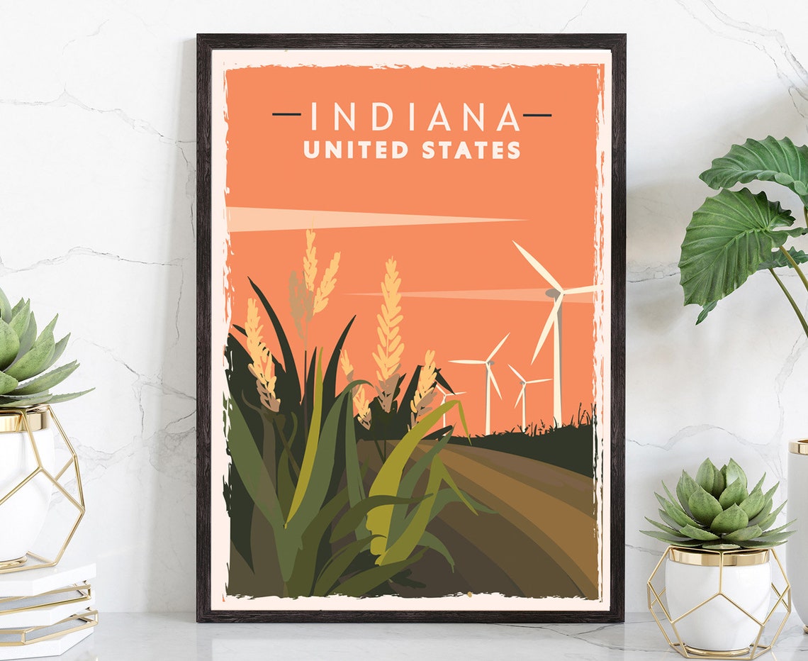 Indiana United States Sunset Wheat Field Wind Turbines Travel Poster