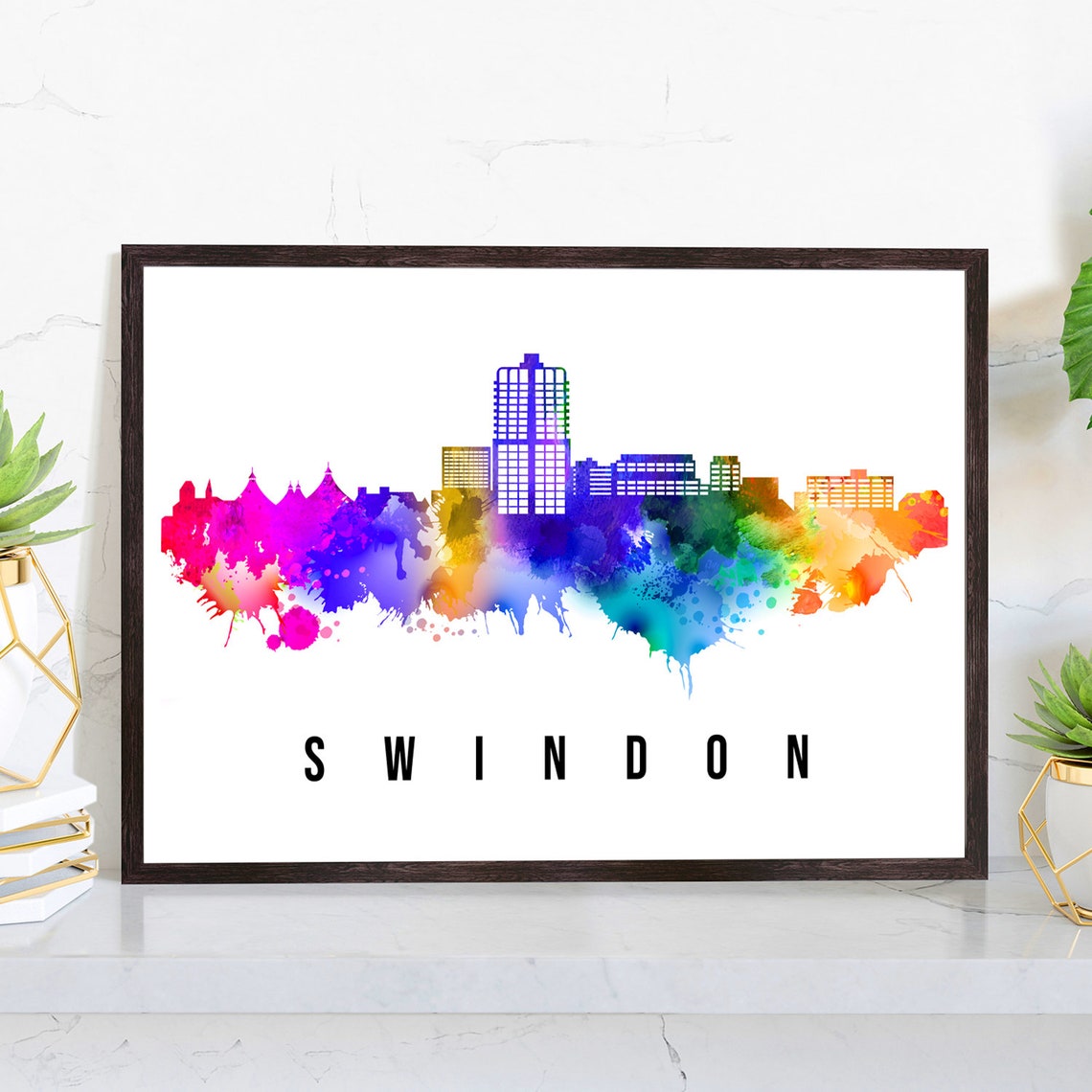 Swindon England Rainbow Watercolor Skyline Cityscape Wall Art