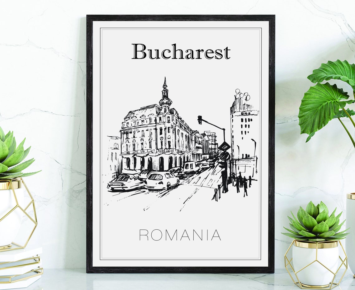 Bucharest Romania Hand Drawn City Sketch Minimalist Travel Poster