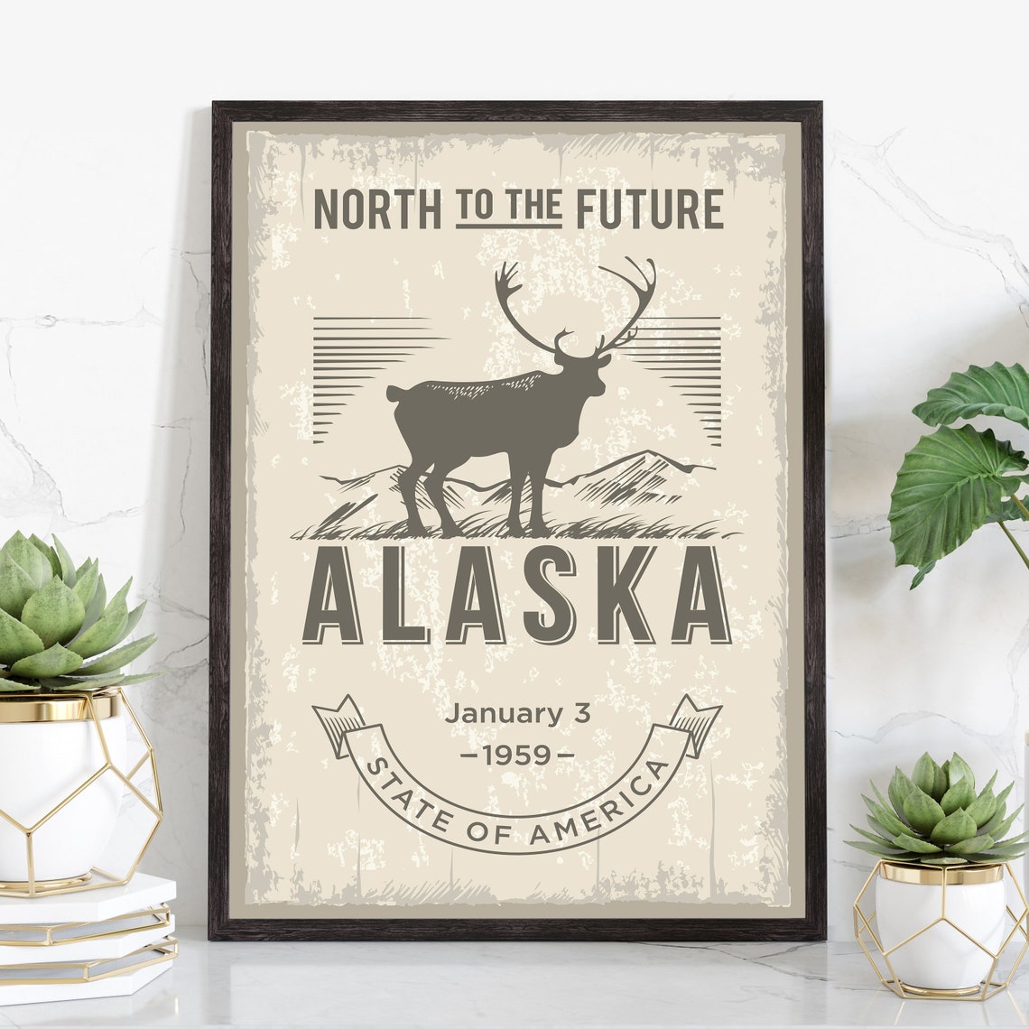Alaska North To The Future Caribou Vintage State Emblem Art Poster
