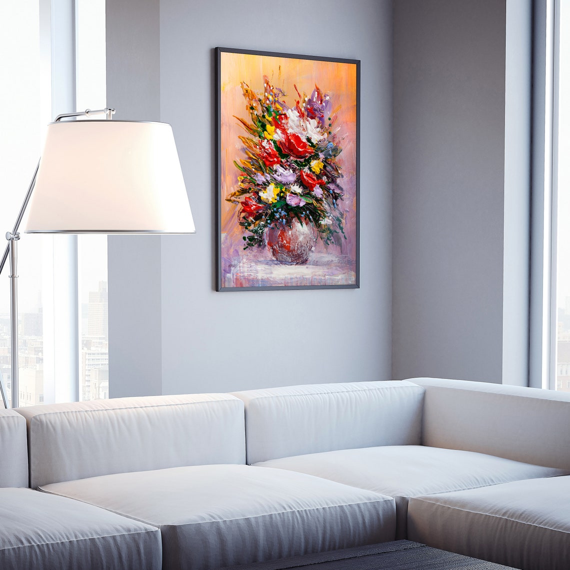 Bright Colorful Flower Bouquet Impasto Oil Painting Vase Wall Art - Image 2