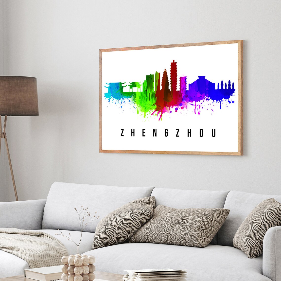 Zhengzhou China Rainbow Watercolor Skyline Silhouette Travel Poster - Image 3