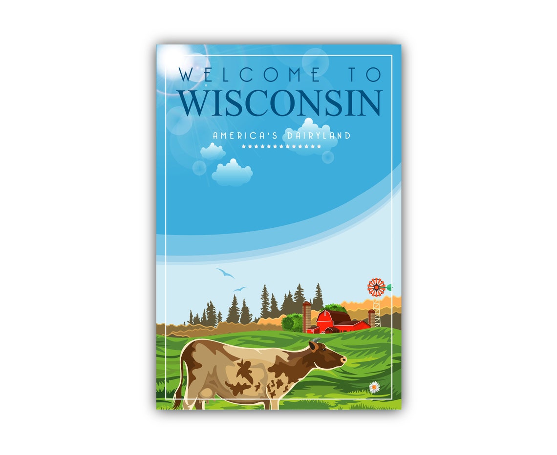 Wisconsin Americas Dairyland Cow Pasture Retro Vintage Travel Poster - Image 2