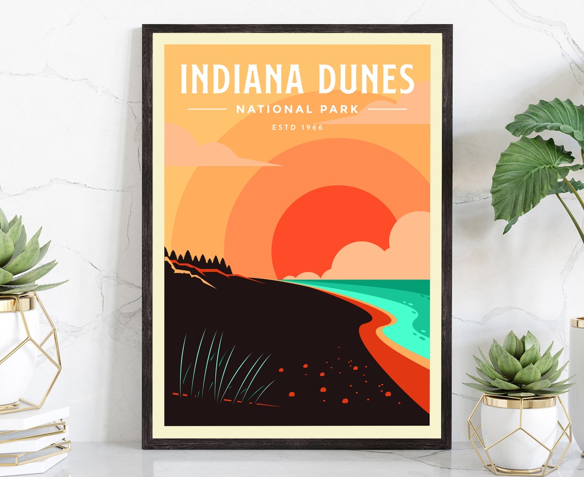 Indiana Dunes National Park Retro Sunset Beach Travel Poster