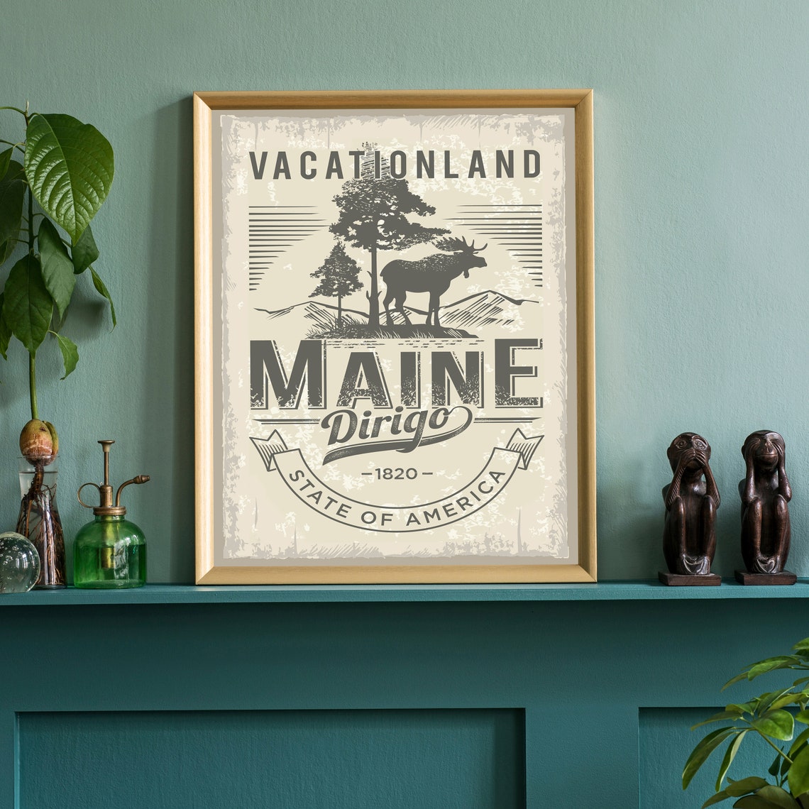 Maine Vacationland Retro State Emblem Moose Travel Poster Print - Image 3
