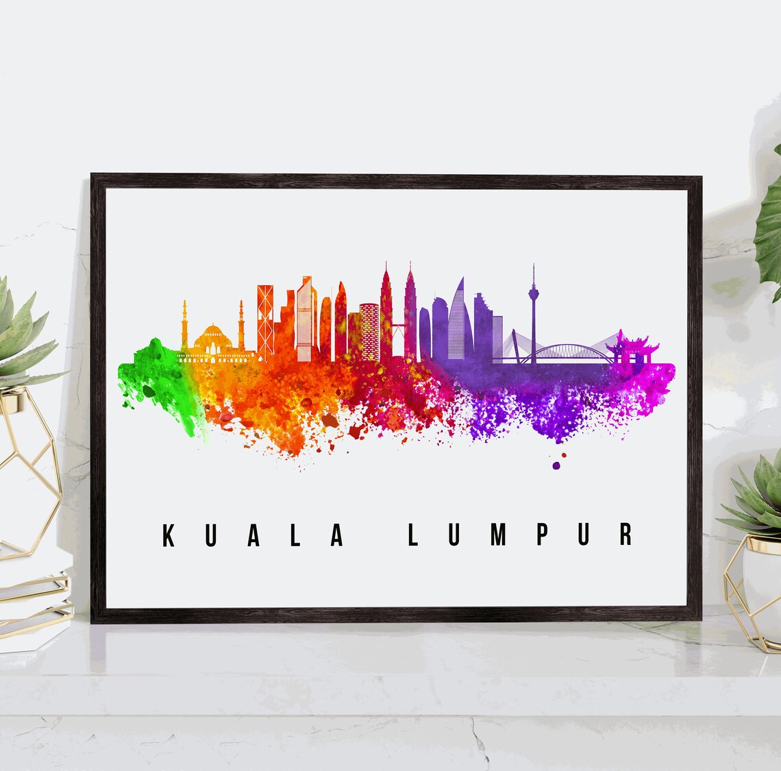 Kuala Lumpur Petronas Towers Rainbow Watercolor Skyline City Poster