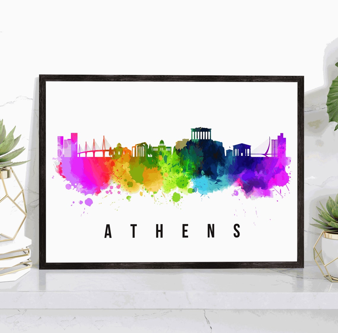 Athens Greece Rainbow Watercolor Acropolis Skyline Silhouette Poster