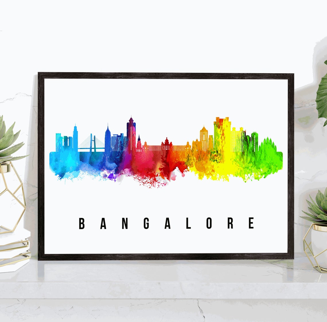 Bangalore India Rainbow Watercolor Splash Skyline City Wall Art