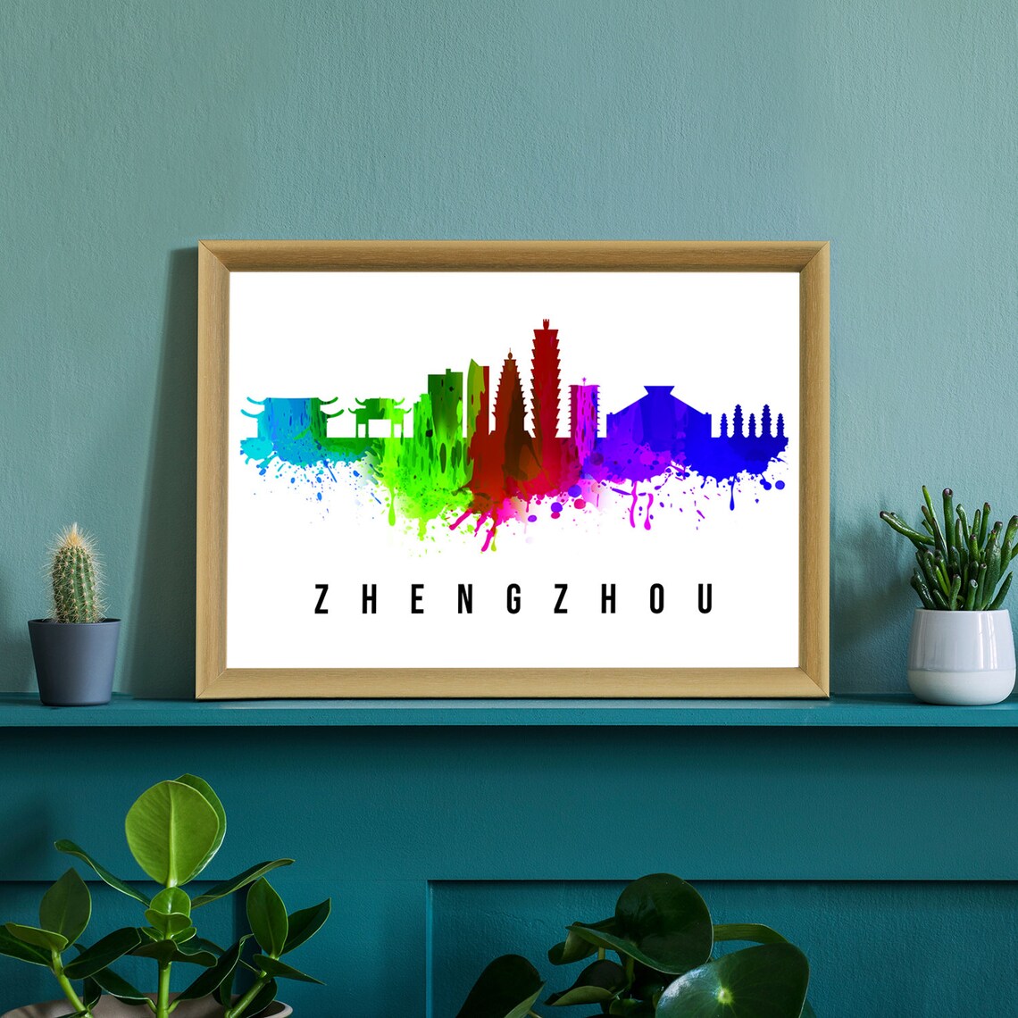 Zhengzhou China Rainbow Watercolor Skyline Silhouette Travel Poster - Image 2